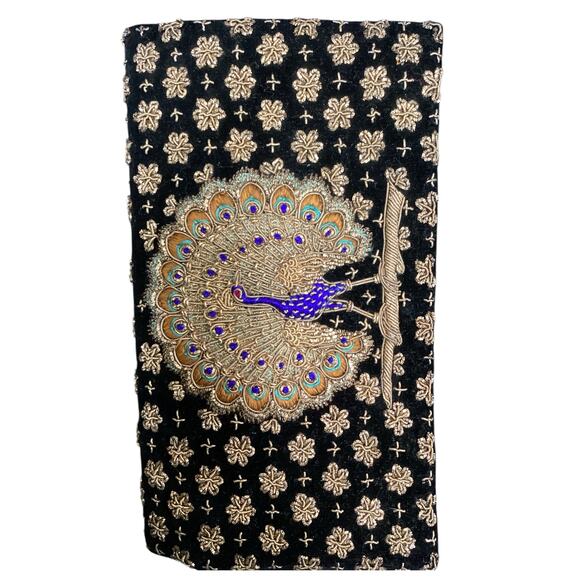 VTG Clutch Women’s 1Size Velvet With Gold Color Embroidery Peacock Motif Black - Picture 1 of 10